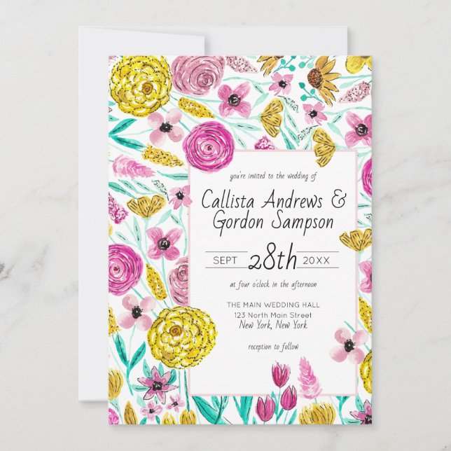 Country Pink Yellow Floral Watercolor Wedding Invitation (Front)