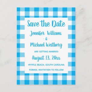 Country Plaid Blue Gingham Rustic Save The Date Postcard