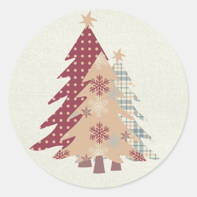 Country Plaid, Polka Dots, Snow Christmas Trees Classic Round Sticker (Front)