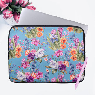 Country Pretty Garden Flowers on Blue Background Laptop Sleeve