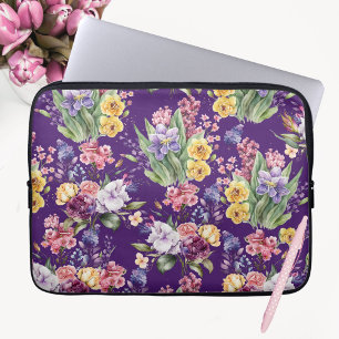 Country Pretty Garden Flowers on Purple Background Laptop Sleeve