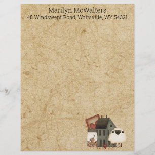 Country Prim Folk Art Green Saltbox, Sheep Dry  Custom Letterhead