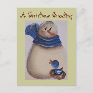 Country Primitive Snowman with Blue Bird Holiday Postcard