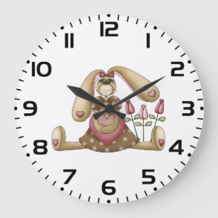 Country Primitive Stuffed Bunny with Pink Hearts Large Clock