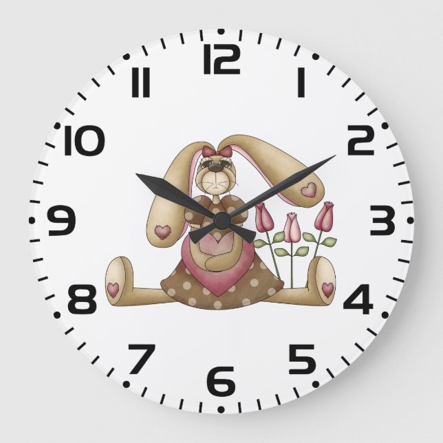 Country Primitive Stuffed Bunny with Pink Hearts Large Clock (Front)
