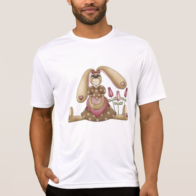 Country Primitive Stuffed Bunny with Pink Hearts T-Shirt (Front)