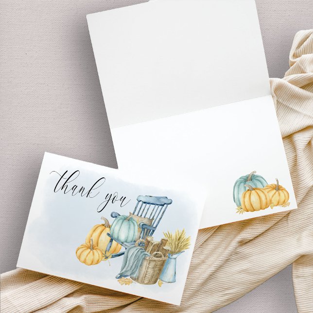 Country Pumpkin Blue Watercolor Thank You Card (Rustic Farmhouse Pumpkin watercolor thank you card)