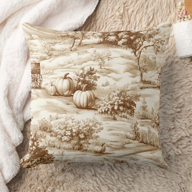 Country Pumpkin Toile in Warm Sepia Pattern Cushion (Blanket)
