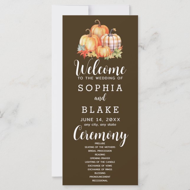 Country Pumpkins Plaid Fall Brown Wedding Program (Front)