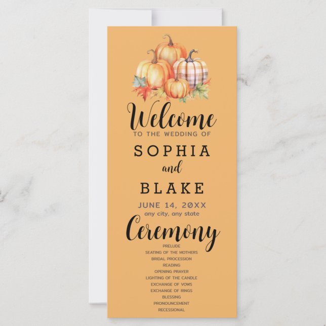 Country Pumpkins Plaid Fall Orange Wedding Program (Front)