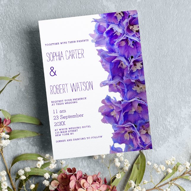 Country purple lavender delphinium flowers wedding invitation (Country purple lavender delphinium flowers wedding)