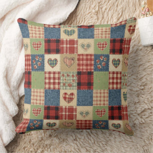 Country Quilt Heart Patchwork Red Blue Cushion