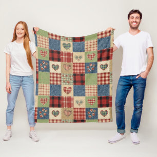 Country Quilt Heart Patchwork Red Blue Fleece Blanket