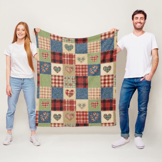 Country Quilt Heart Patchwork Red Blue Fleece Blanket (In Situ)