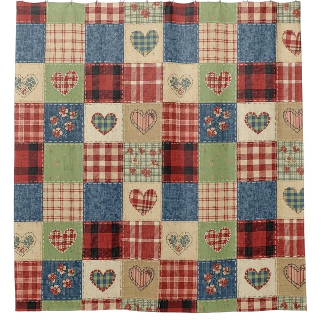 Country Quilt Heart Patchwork Red Blue Shower Curtain (Front)