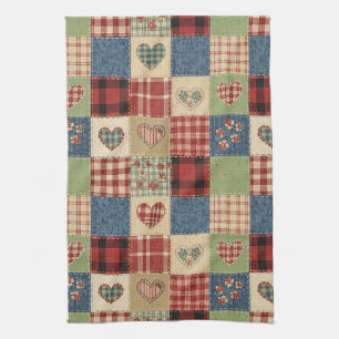 Country Quilt Heart Patchwork Red Blue Tea Towel