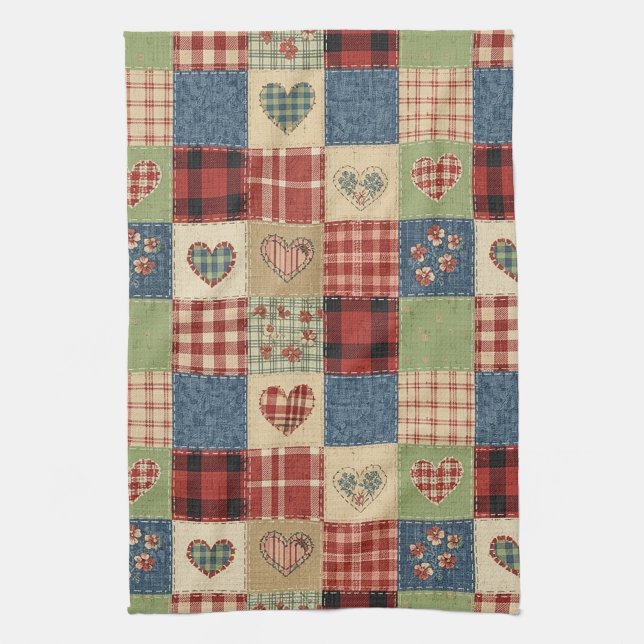 Country Quilt Heart Patchwork Red Blue Tea Towel (Vertical)