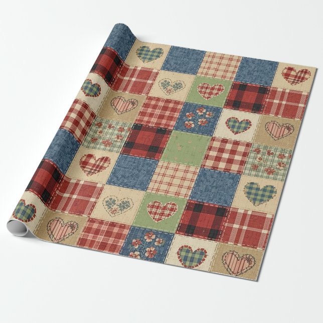 Country Quilt Heart Patchwork Red Blue Wrapping Paper (Unrolled)