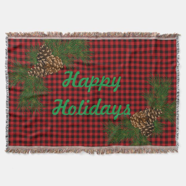 Country red and black plaid - pine cone detail throw blanket (Front)
