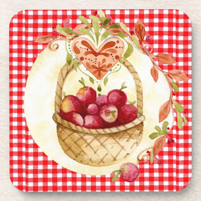 Country Red Gingham with Fruit Basket Set of 6 Coaster (Front)