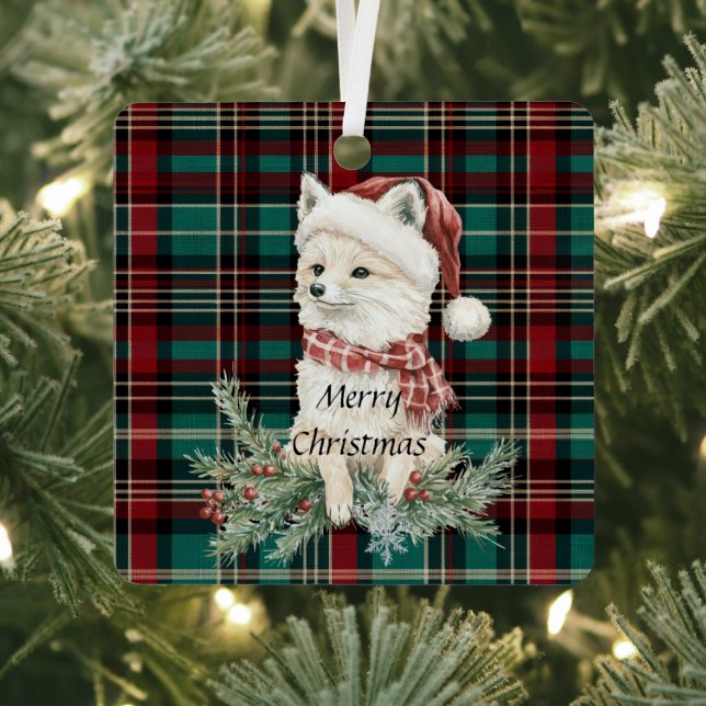 Country Red Green Plaid Christmas Fox Metal Tree Decoration (Insitu)