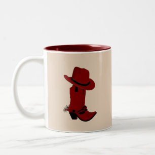 Country Red Hat & Boots  on Beige Two-Tone Coffee Mug