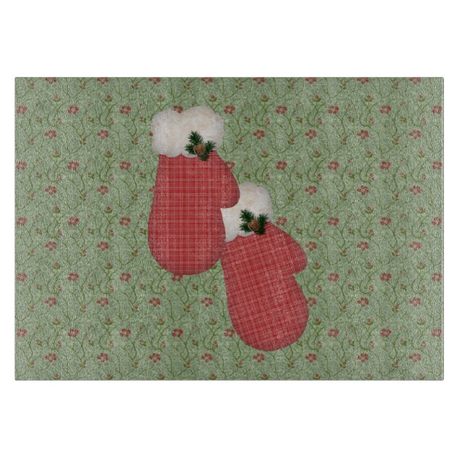Country Red Mittens Glass Cutting Board (Front)
