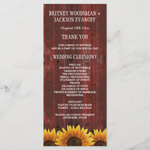 Country Red Wood Rustic Sunflower Wedding Programs Programme