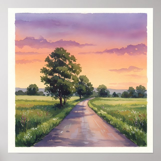 Country Road at Sunset -Rustic Countryside Farmhou Poster (Front)