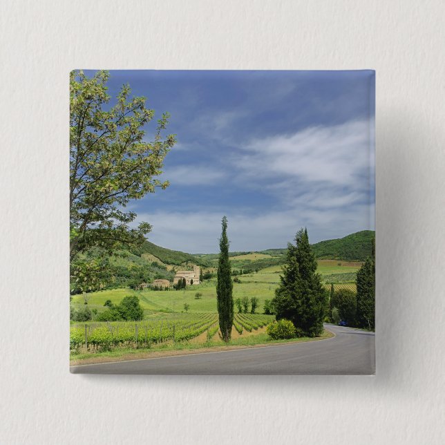 Country road curving between cypress trees in 15 cm square badge (Front)