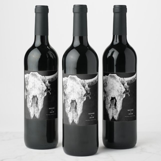Country Rodeo Western Black And White Bull Skull Wine Label (Bottles)