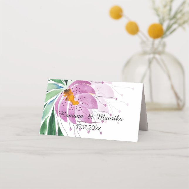 Country Romantic Violet Lotus Watercolor Art Place Card (Front)