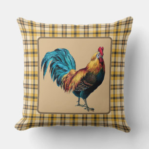 Country Rooster Brown Plaid Cushion