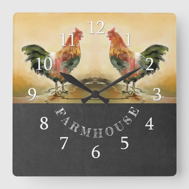 Country Rooster Chalkboard Farmhouse Square Wall Clock (Front)