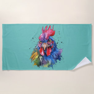 Country Rooster Chicken Watercolor Style Beach Towel