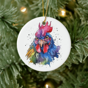 Country Rooster Chicken Watercolor Style Ceramic Tree Decoration