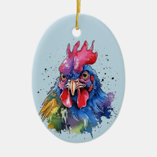 Country Rooster Chicken Watercolor Style Ceramic Tree Decoration
