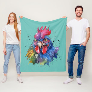 Country Rooster Chicken Watercolor Style Fleece Blanket