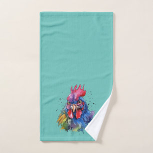 Country Rooster Chicken Watercolor Style Hand Towel