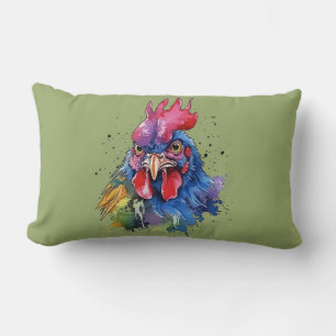 Country Rooster Chicken Watercolor Style Lumbar Cushion