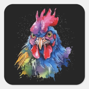Country Rooster Chicken Watercolor Style Square Sticker