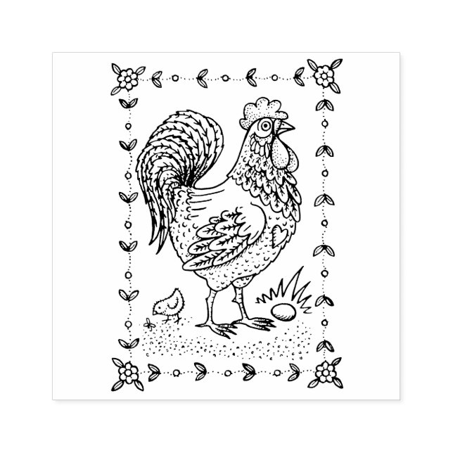 COUNTRY ROOSTER, EGG & CHICK FOLK ART BORDER nice Rubber Stamp (Imprint)