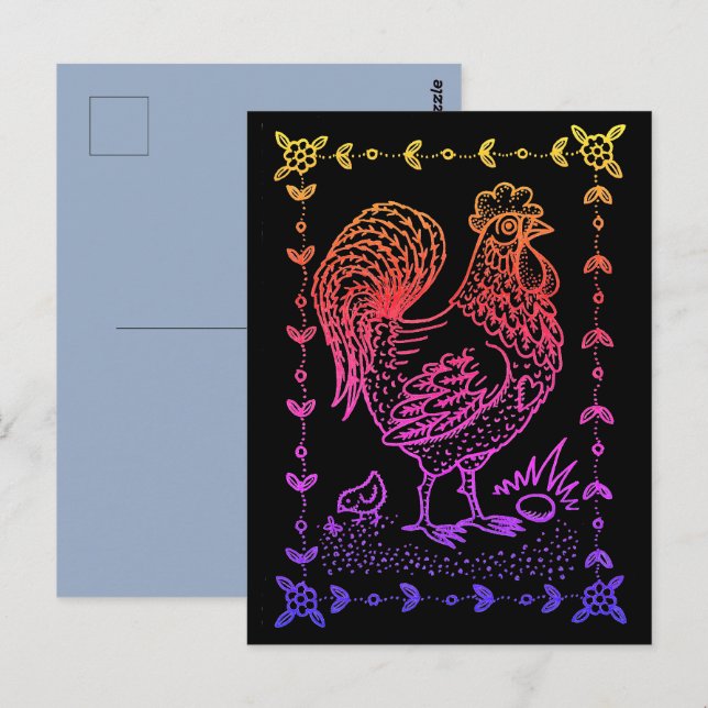 COUNTRY ROOSTER, EGG, CHICK & FOLK ART BORDER POSTCARD (Front/Back)