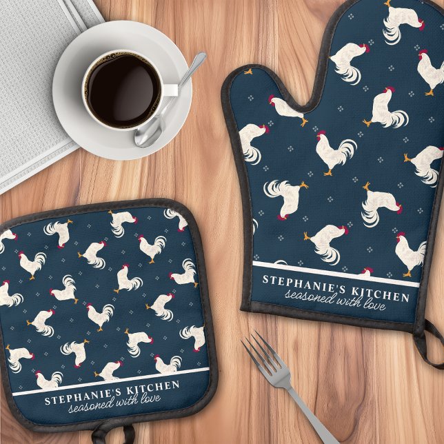 Country Roosters Pattern Navy Personalised Oven Mitt & Pot Holder Set (Creator Uploaded)
