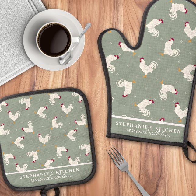 Country Roosters Pattern Sage Personalised Oven Mitt & Pot Holder Set (Creator Uploaded)