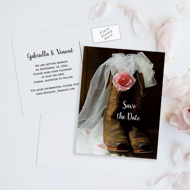 Country Rose Cowboy Boots Wedding Save the Date Announcement Postcard (Creator Uploaded)