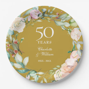 Country Roses Garland 50th Wedding Anniversary Paper Plate