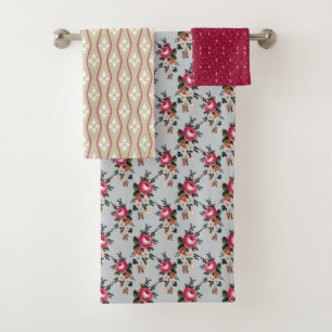 Country Roses on Dove Grey Pattern Towel Set