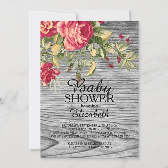 Country Roses Wood Girls Baby Shower Invitation (Front)