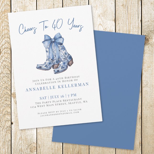 Country Rustic 40th Birthday Invitation (Country Blue Bow Cowboy Birthday Invitation )